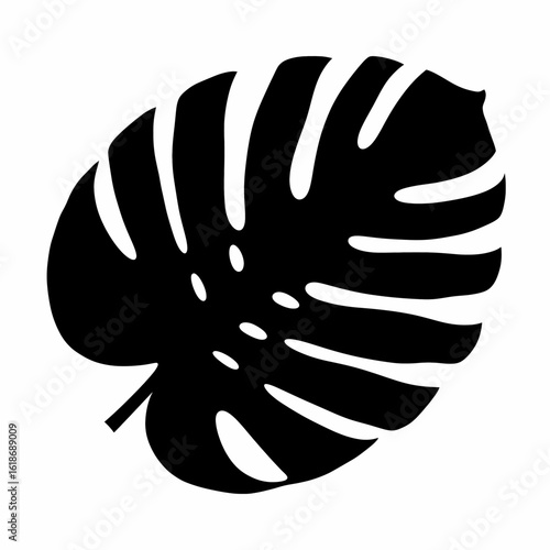 A clean, black silhouette of a tropical Monstera deliciosa leaf, isolated on a white background