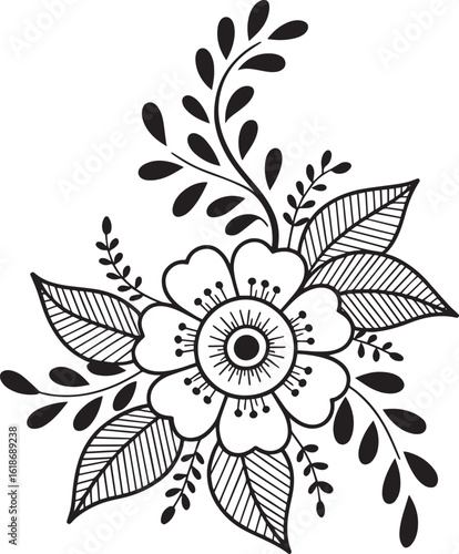 Intricate floral design with detailed leaves and central bloom botanical decorative