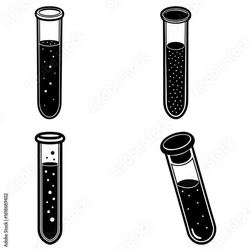 Illustration of four test tubes filled with liquids and bubbles in a black and white color scheme