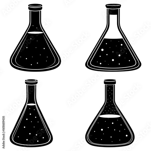 Illustration of four chemical flasks containing dark liquid with small white dots inside each flask