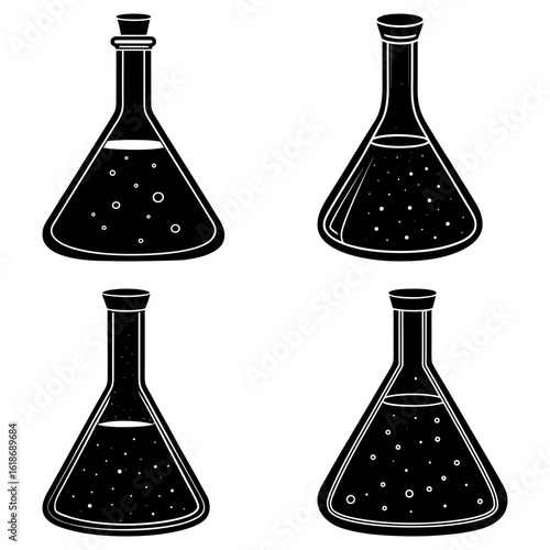 Illustration of four black and white conical flasks filled with liquid and small bubbles inside them