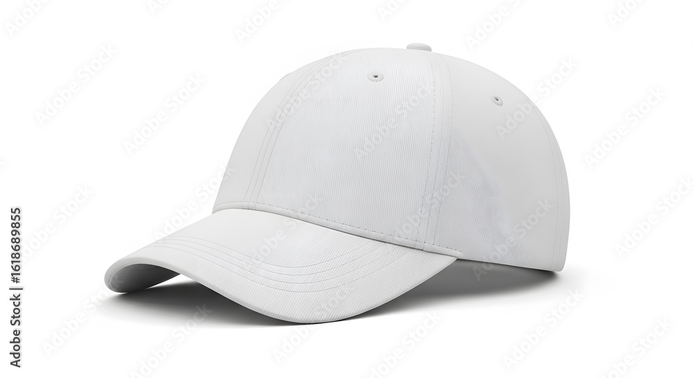 Fototapeta premium White Baseball Cap with Curved Brim and Ventilation Eyelets on Plain Background