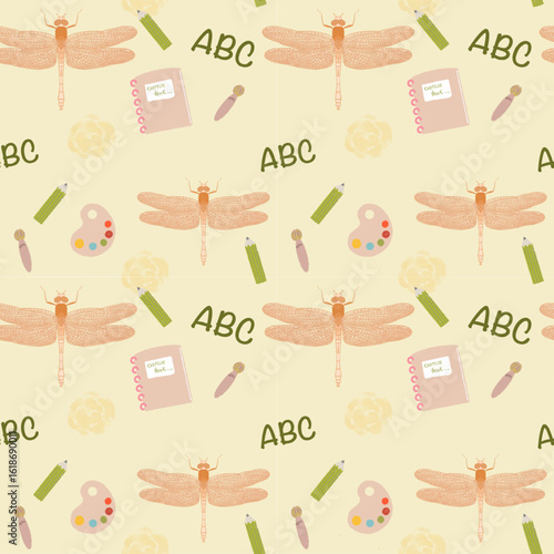 Seamless pattern on light soft background - school suppliers with exercise books, flowers, pencils, brushes, leaves, letters and dragonfly