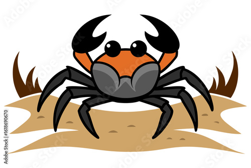 Vector crab with large claws on sandy seabed and marine detail
