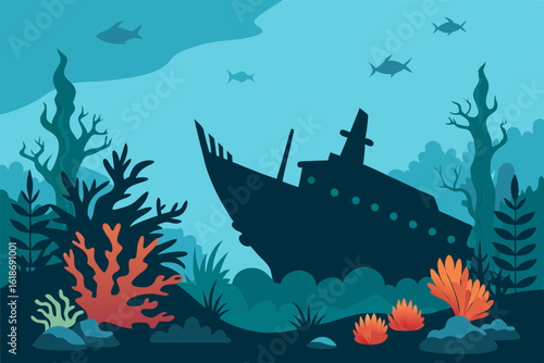 Sunken ship silhouette vector with sea creatures and coral scene
