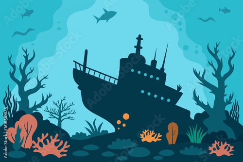 Vector of sunken ship silhouette surrounded by fish and reef life
