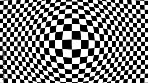 Curvy hand-drawn checkerboard with optical round ball or bubble distortion and digital flair. Deep race pattern for fashion, squiggle textile design, and perspective-heavy monochrome wallpaper. Vector
