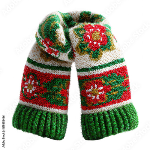Hand knitted christmas scarf with festive holiday motifs isolated on transparent background