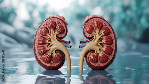 Detailed 3d rendering of a human kidney cross section