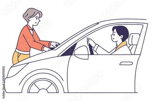 Teenagers practicing defensive driving with instructor, dual brake pedals visible, mirror checks emphasized, modern flat illustration style