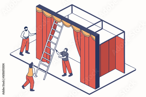 Theater backstage with fire curtains tested and crew checking for blocked egress paths, modern flat illustration style