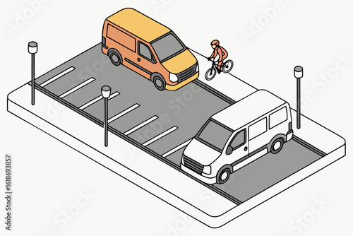 Urban courier vans parked correctly in designated bay to prevent dooring cyclists, clear curb markings, modern flat illustration style