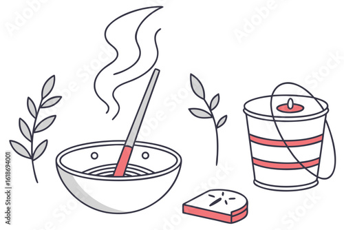 ZenRetreat incense used in a fireproof bowl with a water bucket and smoke alarm close by, modern flat illustration style