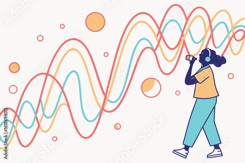 Abstract sound waveform illustration with bubbles and particles displaying audio signal modulation modern flat illustration style