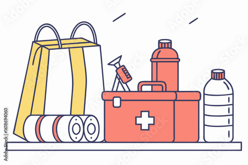 Prepare emergency kits for sudden flooding events, modern flat illustration style