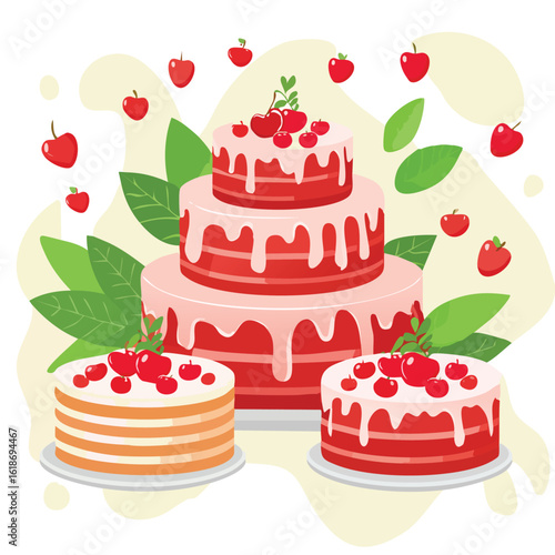 Three tiered cake and two round cakes decorated with cherries and leaves cherry fruit 1