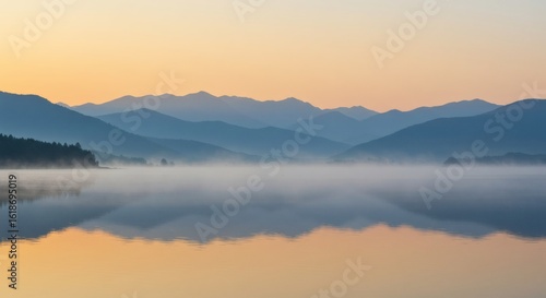 Wallpaper Mural Misty Mountain Lake Panorama: Capturing the tranquil beauty of dawn as mist gently blankets a serene lake. Torontodigital.ca