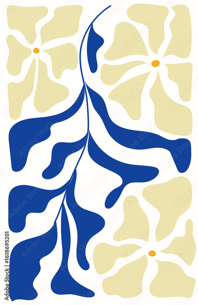 Naklejka premium Abstract flower retro poster. 1960 vibe, Botanical groovy illustration, boho style. Vector wall art.