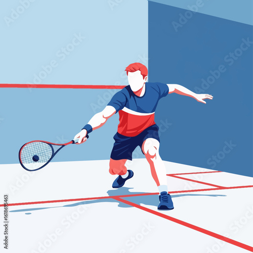 An illustration of a squash player in action, hitting the ball with a racket in a court.
