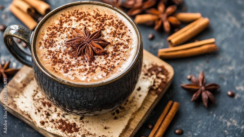 Cozy Mug of Hot Chocolate with Cinnamon and Star Anise on Wooden Tray Cozy Mug of Hot Chocolate with Cinnamon and Star Anise on Wooden Tray