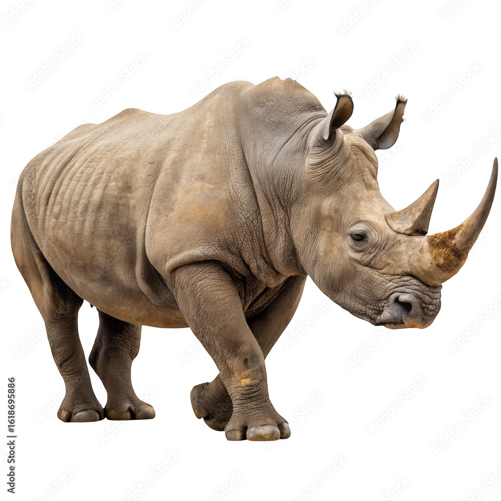 Fototapeta premium A powerful rhinoceros stands majestically, showcasing its impressive horn and thick, textured skin in the wild isolated on transparent background
