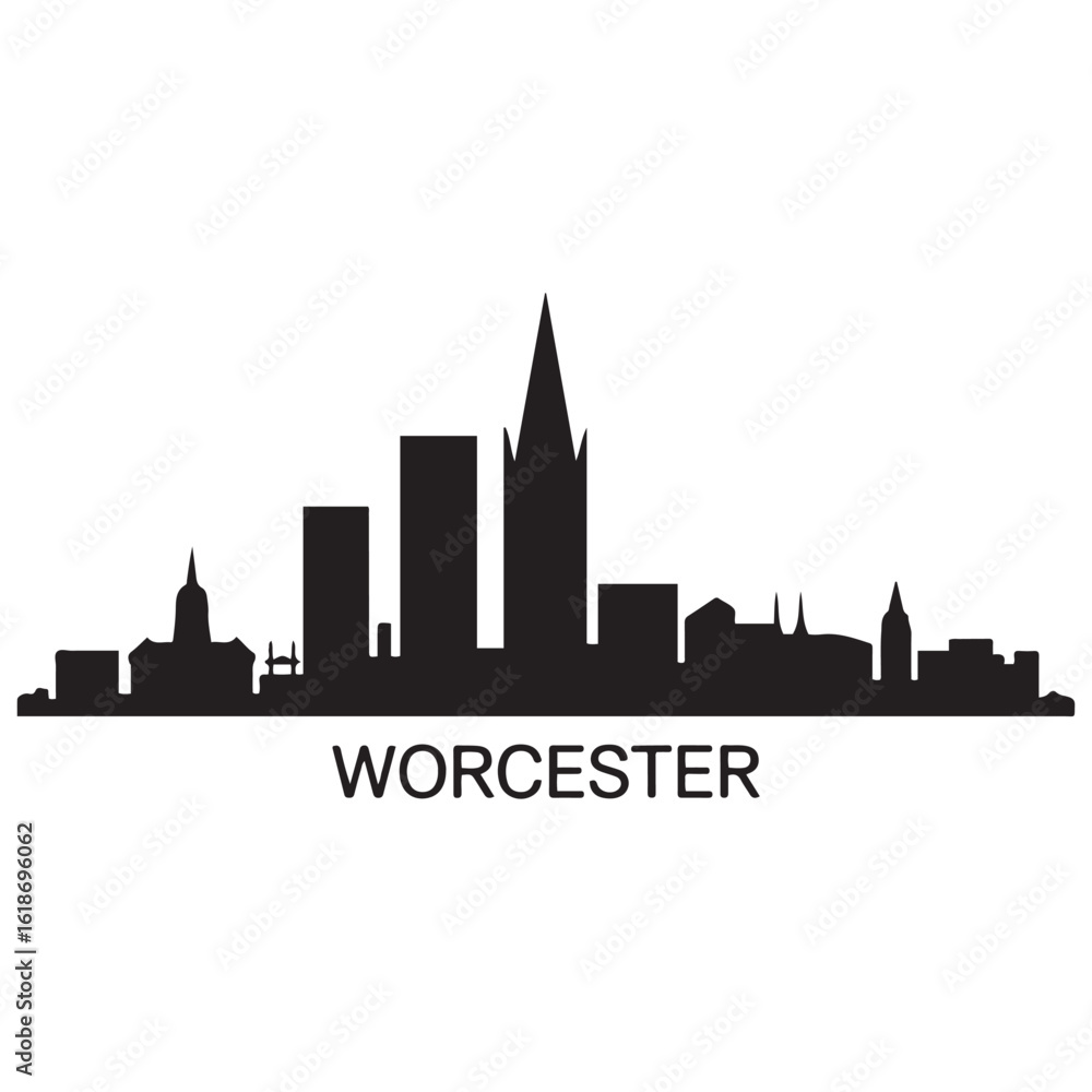Naklejka premium Worcester skyline silhouette. Black Worcester city. Vector black silhouette. with white background
