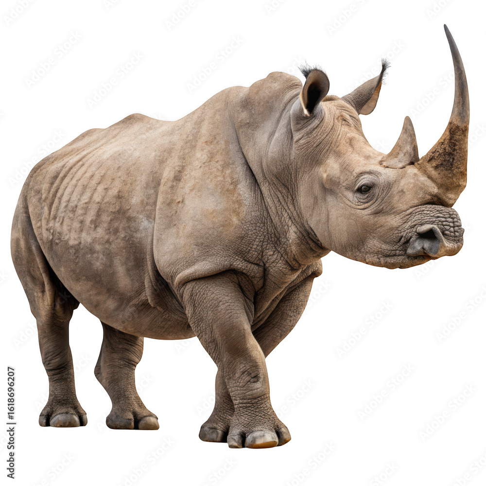 Fototapeta premium A powerful rhinoceros stands majestically, showcasing its impressive horn and thick, textured skin in the wild isolated on transparent background