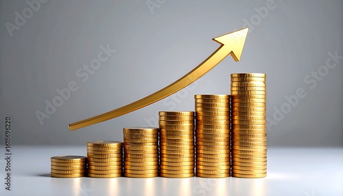 Gold coins stacked in ascending order, with a rising gold arrow