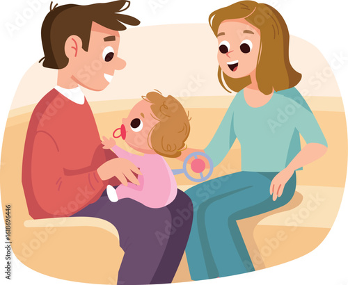 Happy parents sitting on sofa close together, smiling and relaxed with newborn baby on dad’s lap. Cozy family moment, early parenthood. Tender moment spending time together at home. 