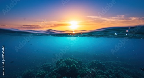 A vibrant sunset casts golden light on a tranquil ocean scene, half above and half below the waterline, revealing a coral reef below.