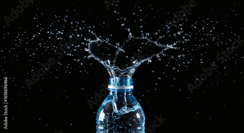 Water Explosion: Witness the dynamic burst of water exploding from a plastic bottle, captured in stunning detail against a contrasting backdrop.