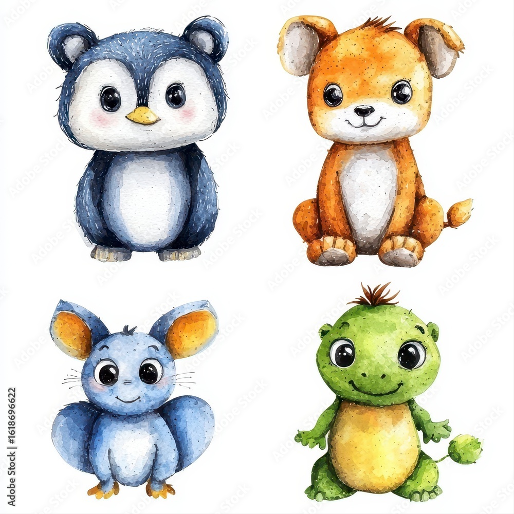 Fototapeta premium Adorable watercolor painting of four cute cartoon animals a penguin lion mouse and frog isolated on a clean white background perfect for children's book illustrations or whical