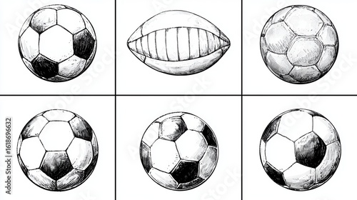 A collection of six meticulously drawn black and white cartoon sports ball icons featu soccer balls and an American football, perfect for web design or print projects needing