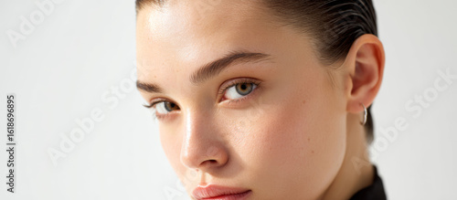 Close-up portrait of young woman with sleek hair, highlighting smooth skin and radiant complexion, reflecting meticulous skincare and wellness commitment