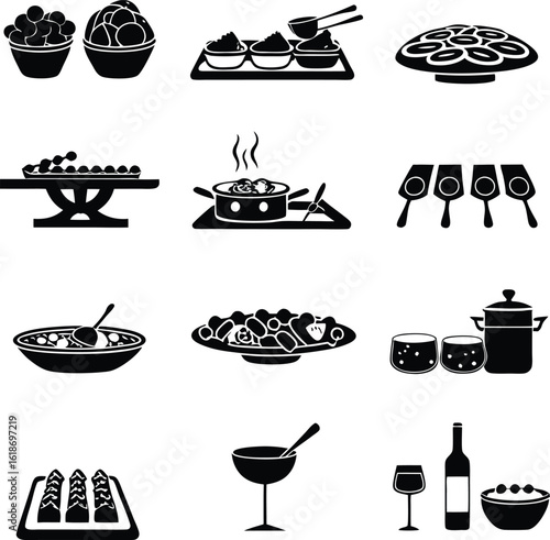 Elegant Black and White Buffet Illustration A Culinary Symphony of Dishes and Delights for a Variety of Tastes