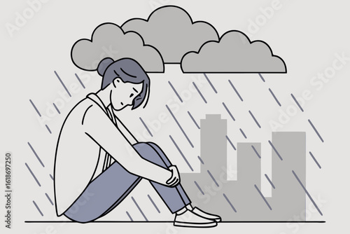 Mental health crisis portrayed by overwhelmed person feeling sadness under heavy emotional rain modern flat illustration style