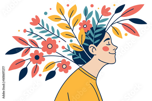 Person's silhouette untangling thoughts from messy ball of string within their head modern flat illustration style