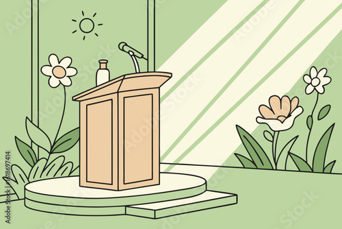 Wooden product podium in green room with sunlight and flowers, symbolizing eco-friendly and organic product display, modern flat illustration style.