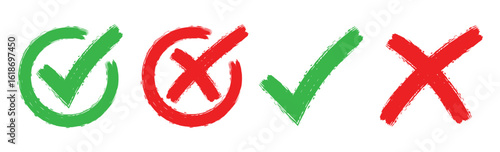 4 Check mark and cross signs. Grunge green check marks and red cross signs, check marks doodle set. brush correct or incorrect sign. 