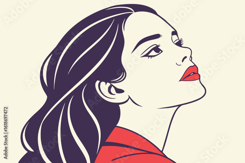 Young woman with cherry-red lips and long dark hair gazes confidently, dramatic makeup in a vivid portrait, modern flat illustration style.
