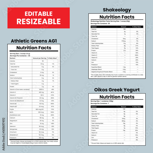 nutrition facts, editable label, supplement facts, beverage label, electrolyte drink, calorie chart, food packaging, diet info, vector 