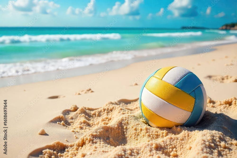 Obraz premium Sun-kissed sand, azure waves lapping the shore, and a volleyball ready for a game Perfect beach day vibes! Ideal for travel, summer, and sport themes , leisure, vacation, sun