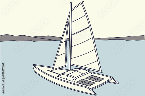 Electric sailboat with solar panels integrated into the sails and hull for extended autonomy, modern flat illustration style.