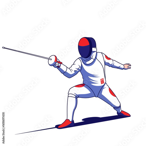 A fencer in action, poised for a lunge, wielding a foil during a competitive bout.