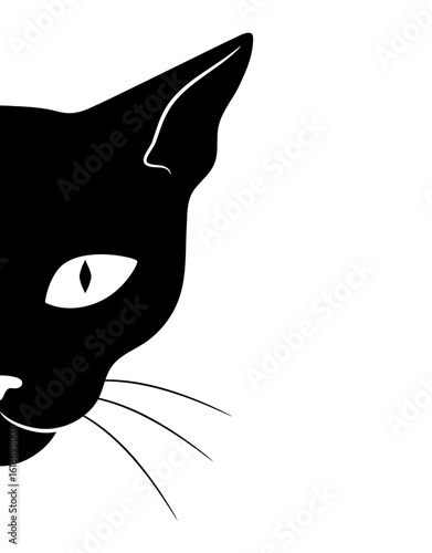Black cat hiding and peeping. Curious cat face peeking out from the wall. Vector illustration.