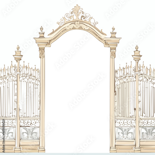 Ornate beige arched gateway with decorative metal gates and ornate finials entrance