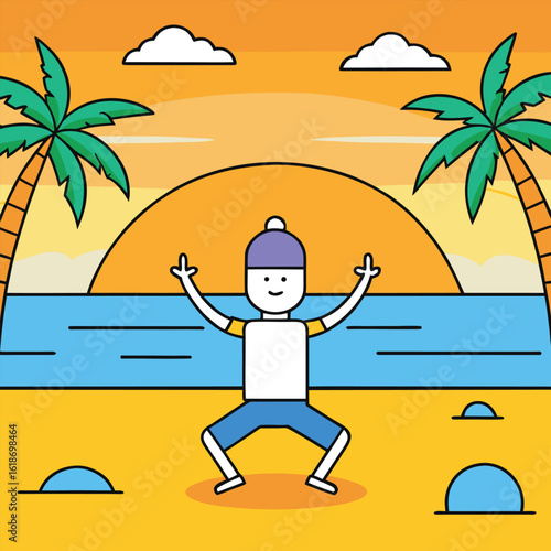 Beach Yoga at Sunrise Silhouette in Tropical Paradise with Vibrant Colors