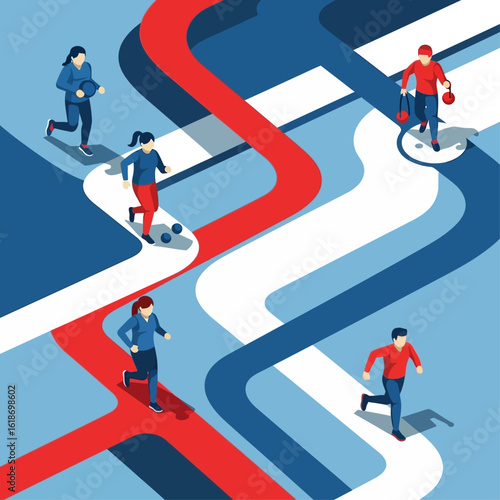 Isometric illustration of diverse people navigating winding paths, representing choices and different routes.