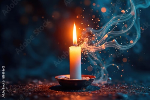 A flickering candle flame illuminates a swirling, abstract design suggestive of thoughts and ideas; a concept of inner reflection and mental clarity , brain, still