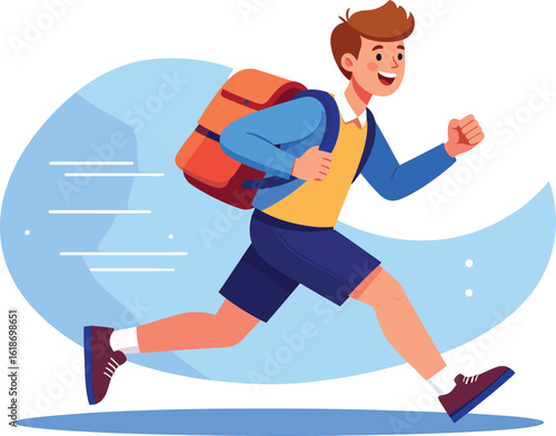 happy schoolboy with backpack running to class, excited for education and back to school
